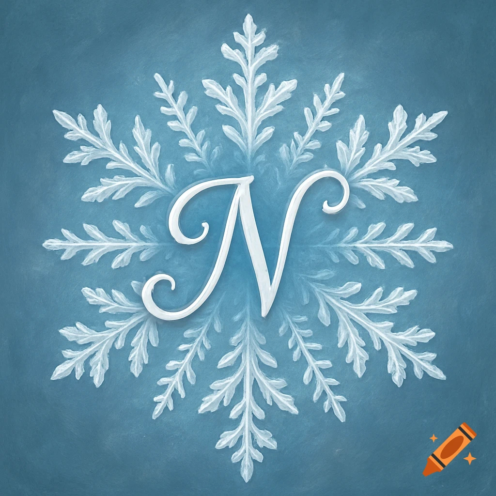 A white cursive letter N centered within a detailed white snowflake on a blue background, rendered with a brushstroke style.