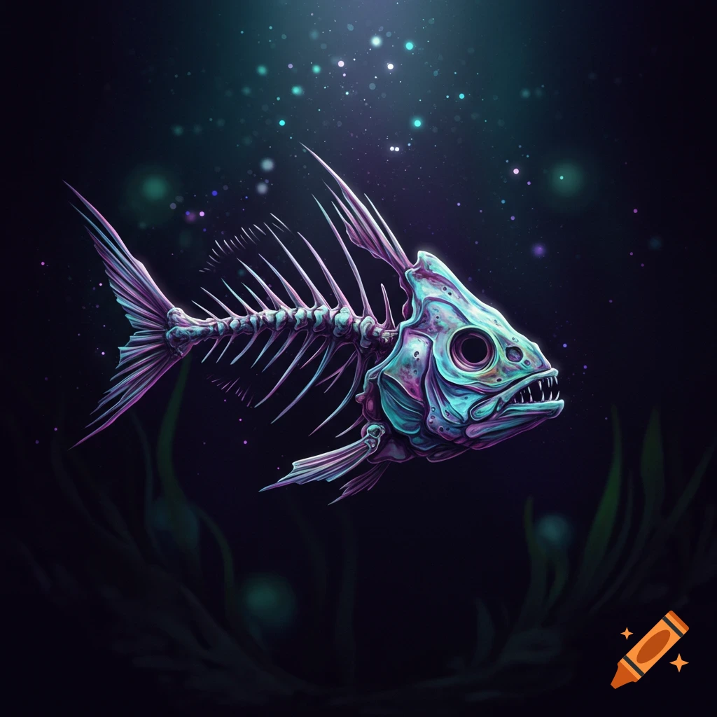 Stylized fish skeleton floating in dark water with lights and plants.