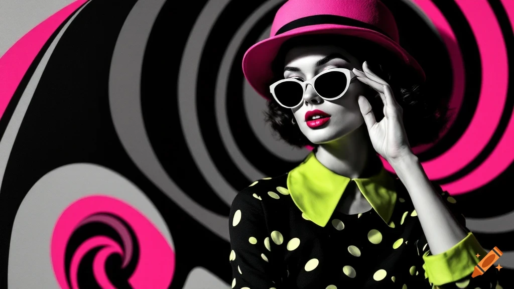 A stylish woman in a pink hat, sunglasses, and polka dot dress against a swirling black, white, and pink background.