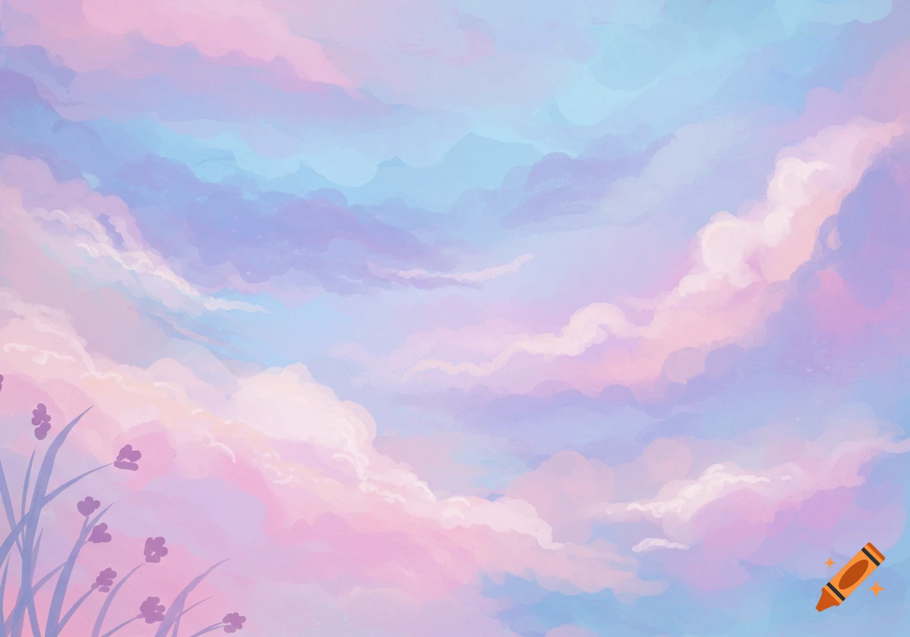 Painterly pastel sky with pink, purple, and blue clouds and foreground flowers.