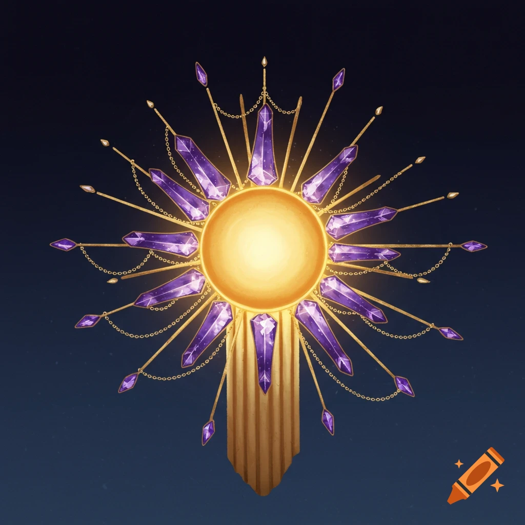 A stylized golden sun or jewel with purple crystal rays and gold chains against a dark background.