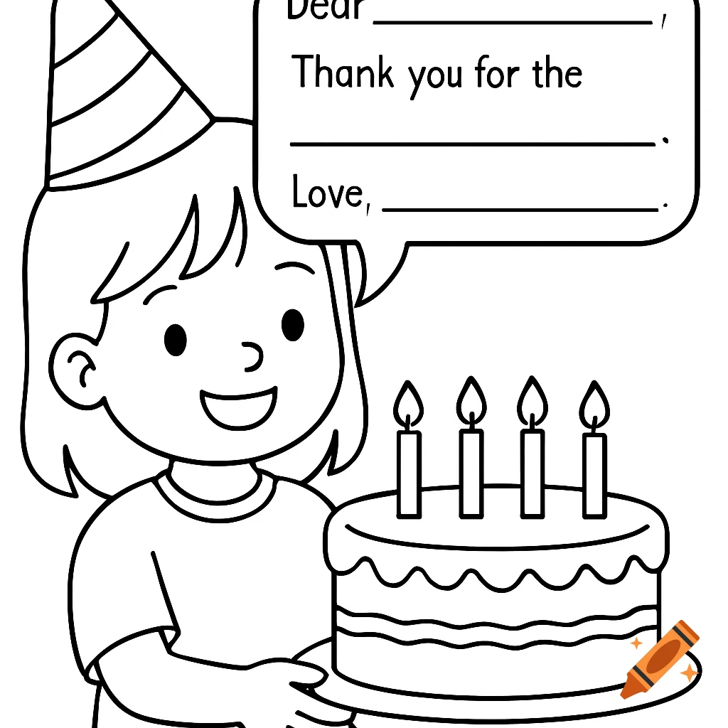 Coloring page of a girl wearing a party hat, holding a birthday cake with candles, and a speech bubble.