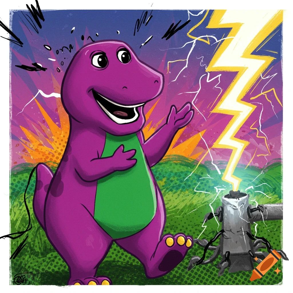 Cartoon illustration of Barney the purple dinosaur being struck by lightning near an electrical pole.