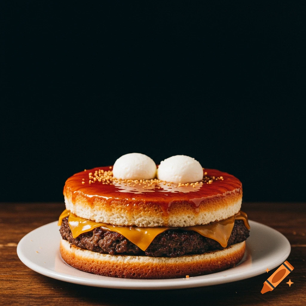 Dessert made to look like a hamburger with cake buns, chocolate patty, cheese sauce, and ice cream scoops.