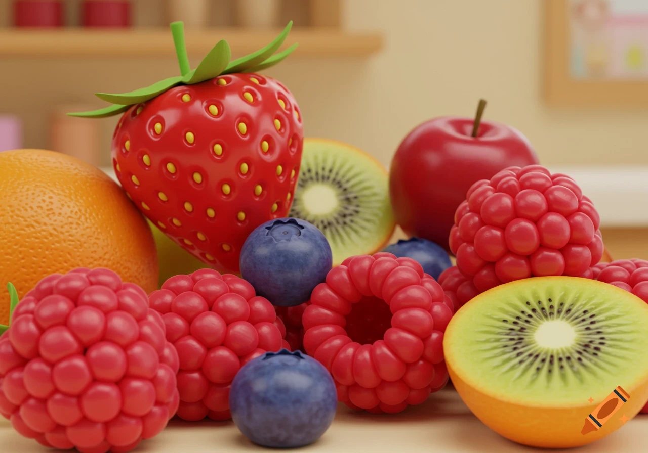 Close-up of a pile of 3D cartoon fruits, including strawberries, raspberries, blueberries, kiwi halves, and an orange.