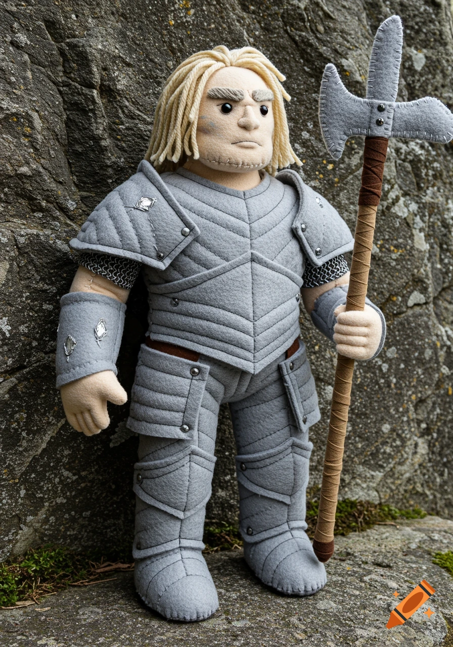 Cloth doll of a fantasy warrior in felt armor holding an axe against a rock.