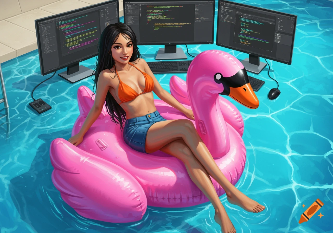 Illustration of woman on flamingo float in pool with computer monitors showing code.