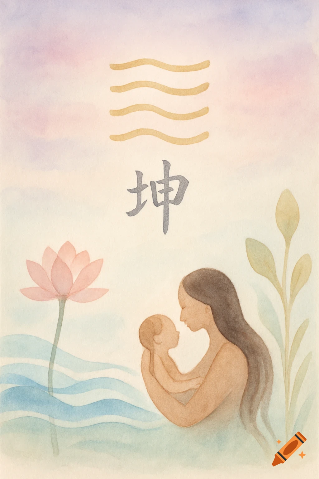 Watercolor painting of a mother holding a baby near a lotus and waves, with a hexagram and Chinese character '坤' above.