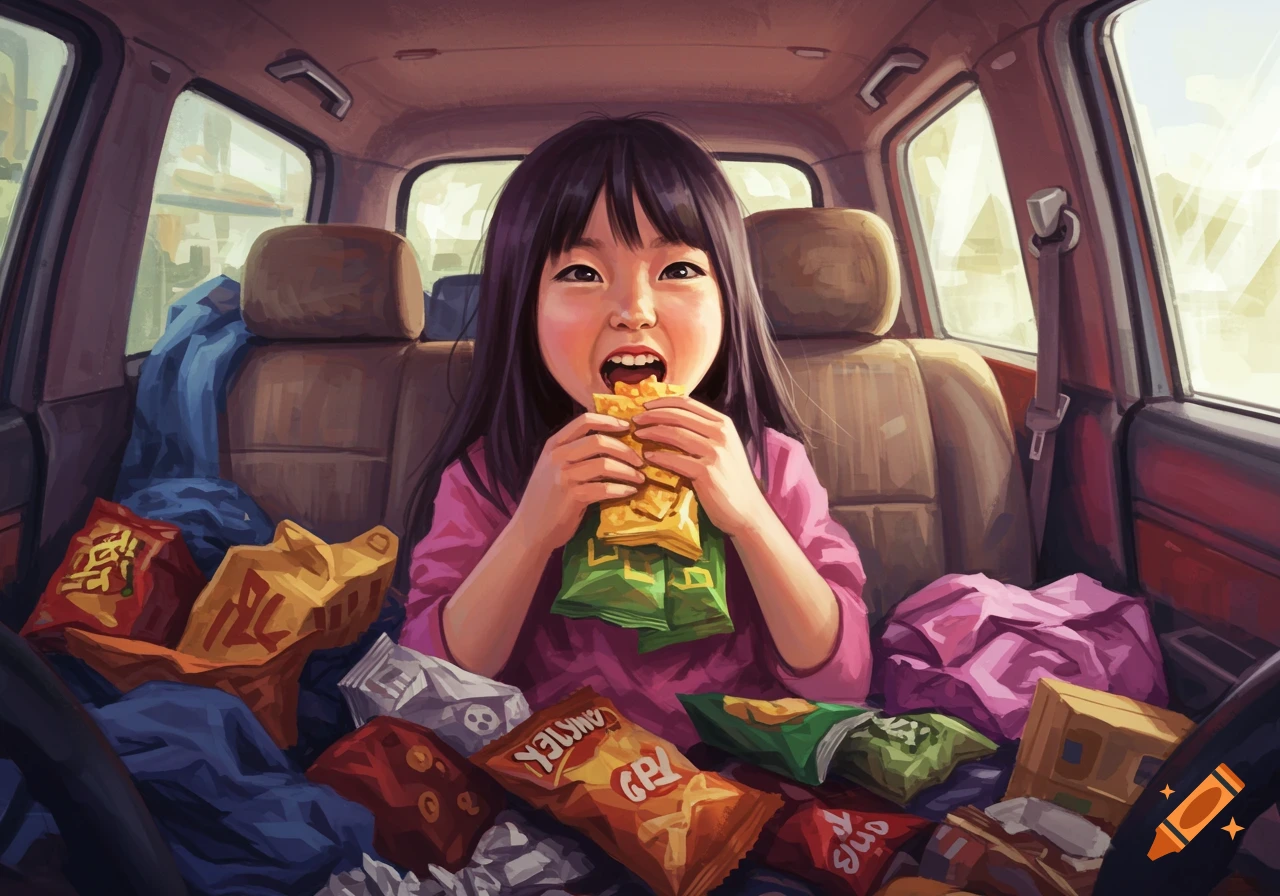Young girl eating snacks in a messy car interior, digital painting.