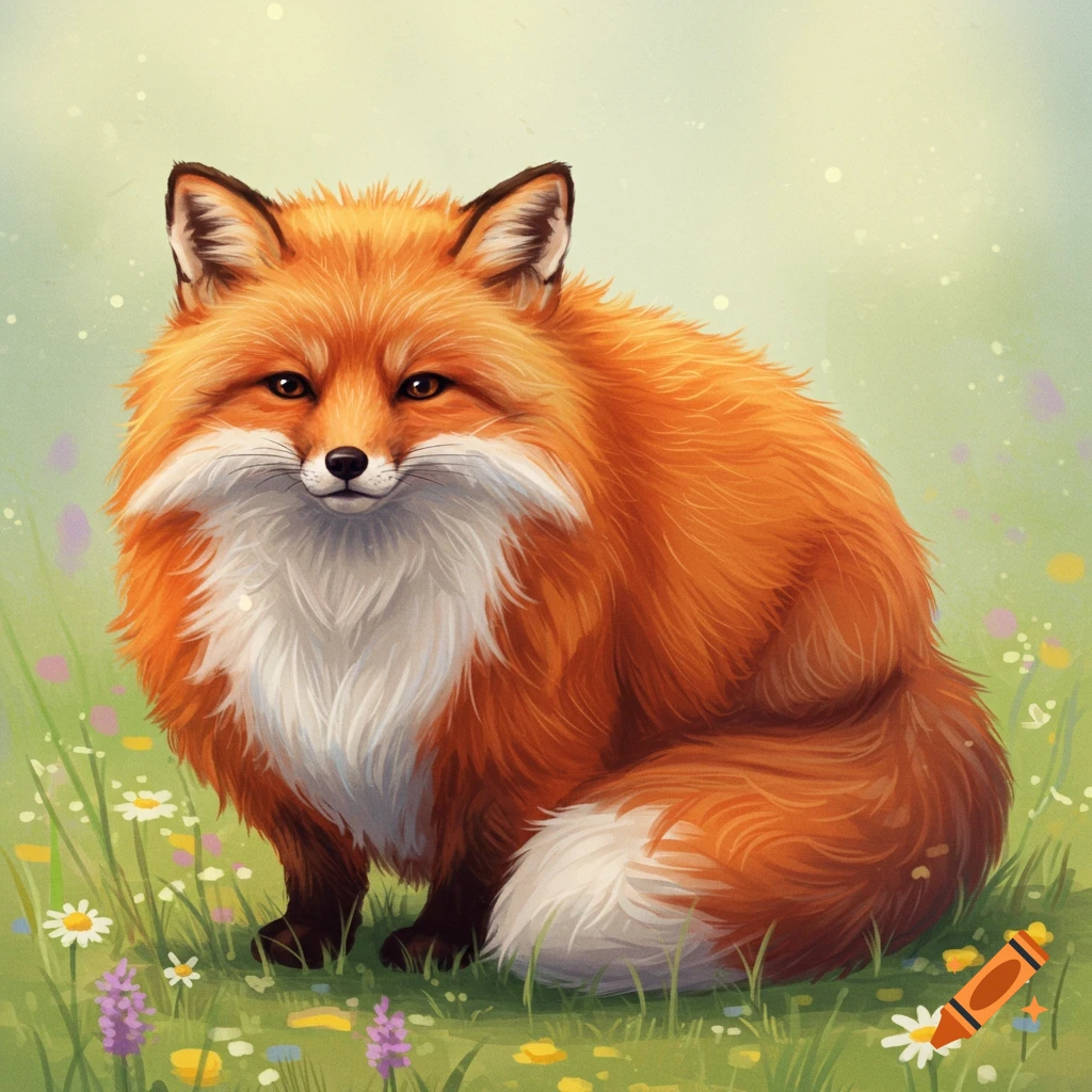 A fluffy orange fox sits in a field of flowers in an illustrative style.