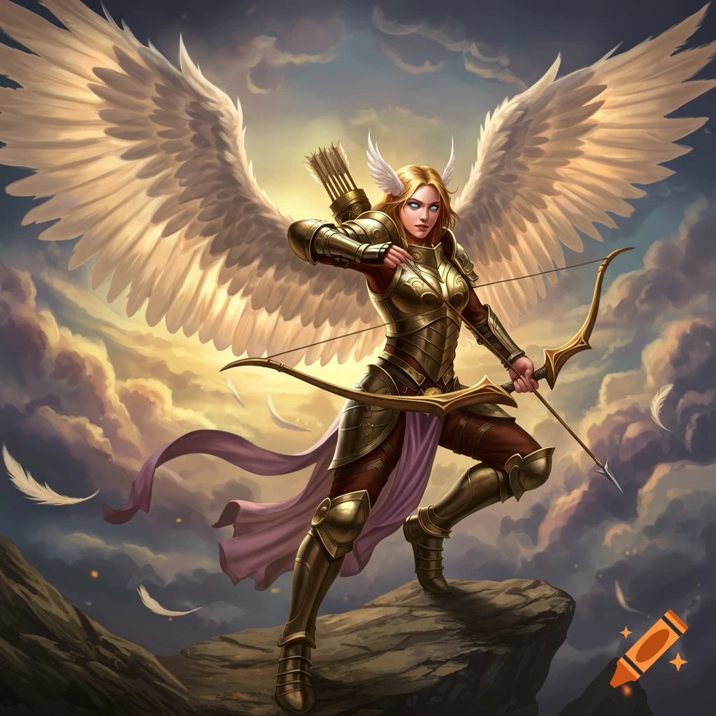 An angel warrior in golden armor stands on a rock, drawing a bow against a cloudy sky.
