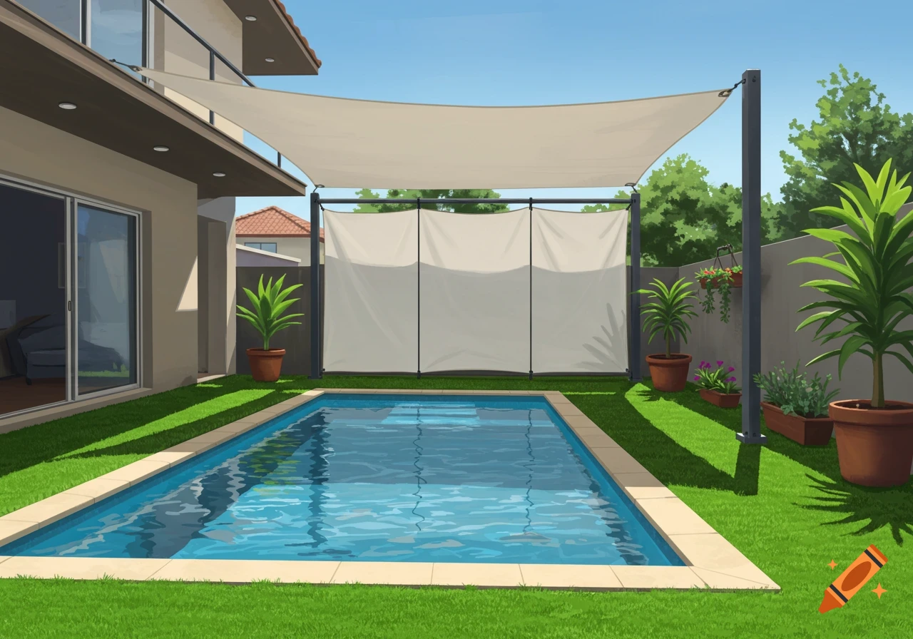 An illustration of a backyard with a rectangular swimming pool, artificial grass, potted plants, and a covered screen.
