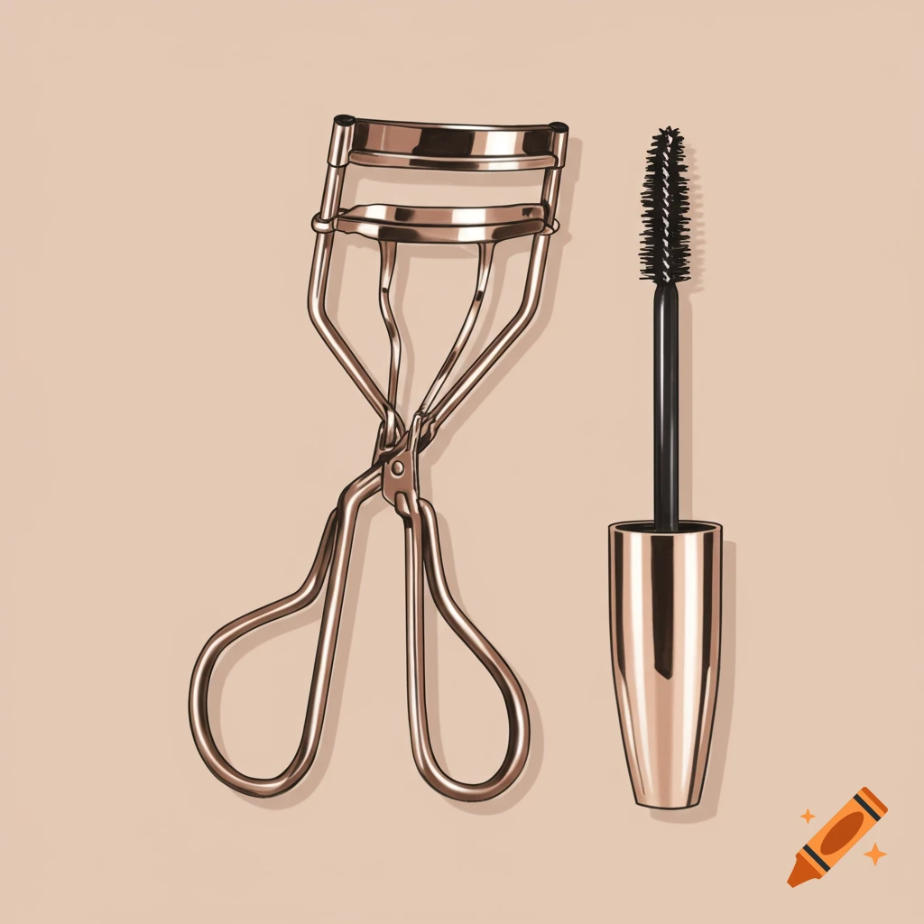 An eyelash curler and a tube of mascara on a light background.