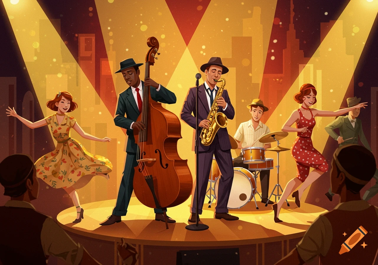 A stylized illustration of a jazz band playing on a stage with spotlight while people dance in front.