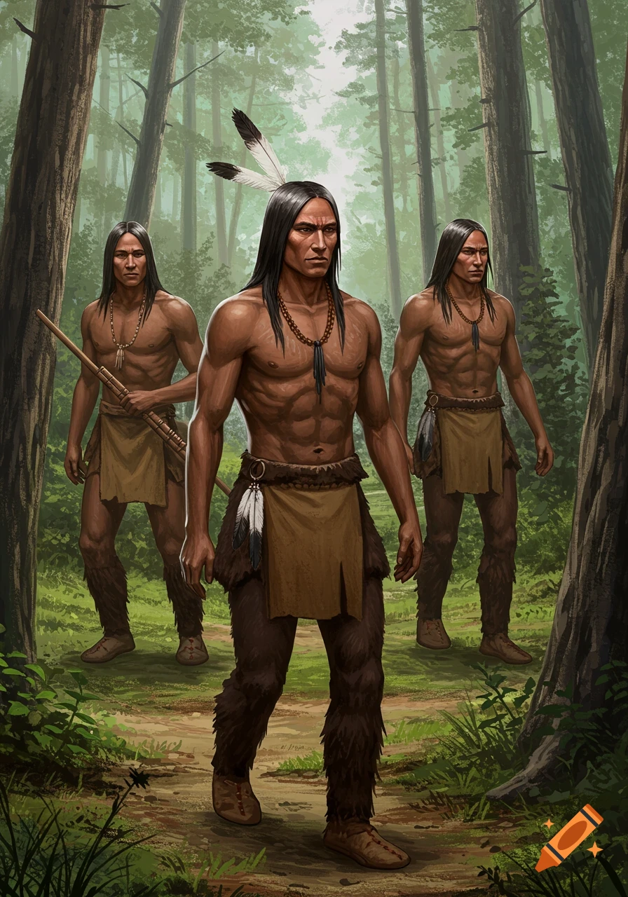 Three Native American men with long hair, bare chests, breechcloths, and furry leggings stand in a forest.