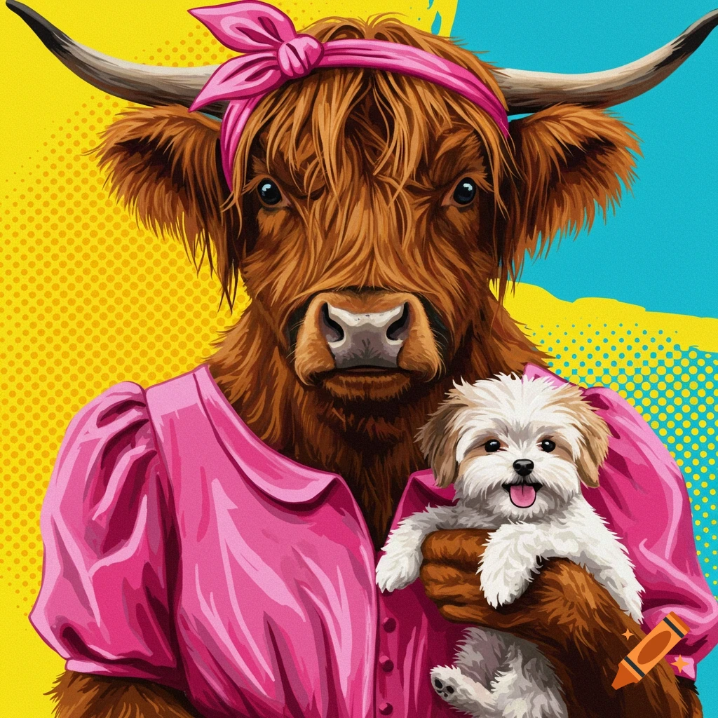 A pop art illustration of a Highland cow wearing a pink dress and headband, holding a small white dog.
