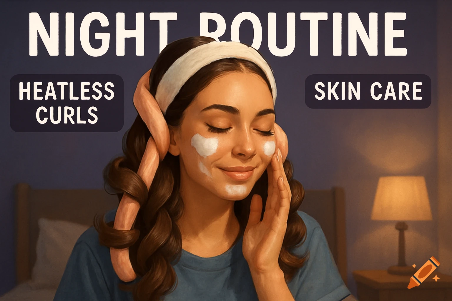 Woman applies skincare with heatless curl tool. Text reads 'NIGHT ROUTINE HEATLESS CURLS SKIN CARE'.