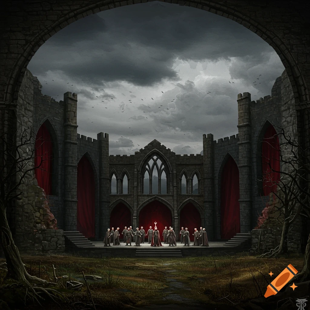 Figures stand on a stage in dramatic gothic ruins under a stormy sky, suggested for a theatre set design.