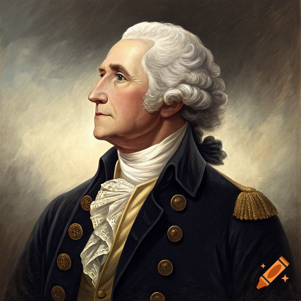 Profile portrait of George Washington in historical attire, painting style