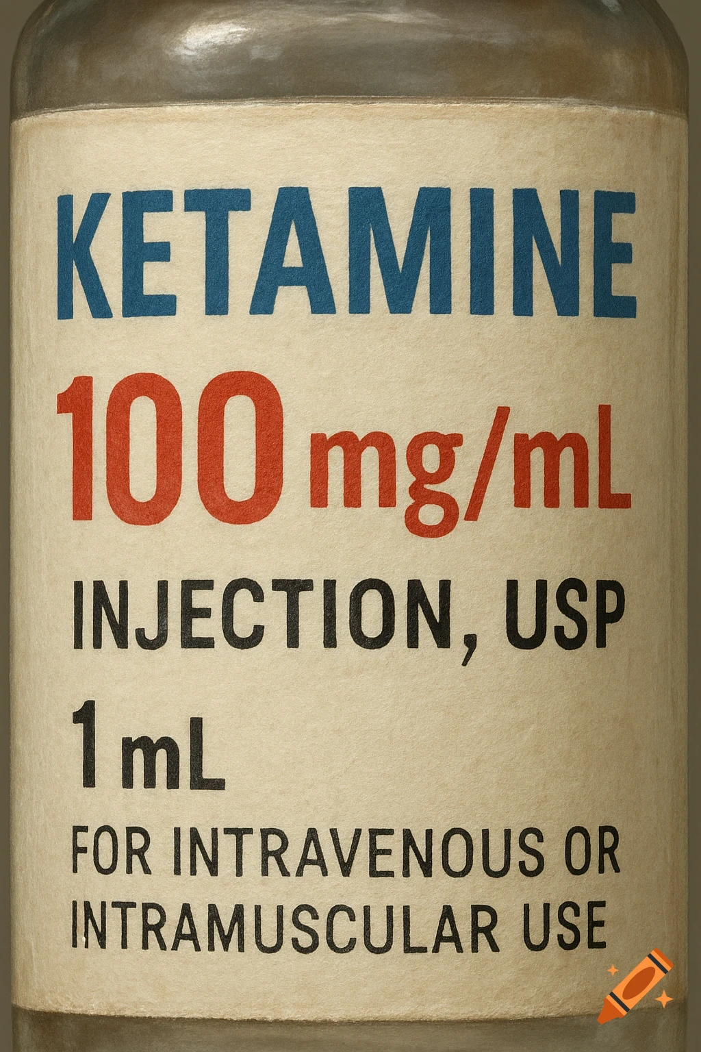 Close-up photo of a Ketamine drug label on a glass bottle