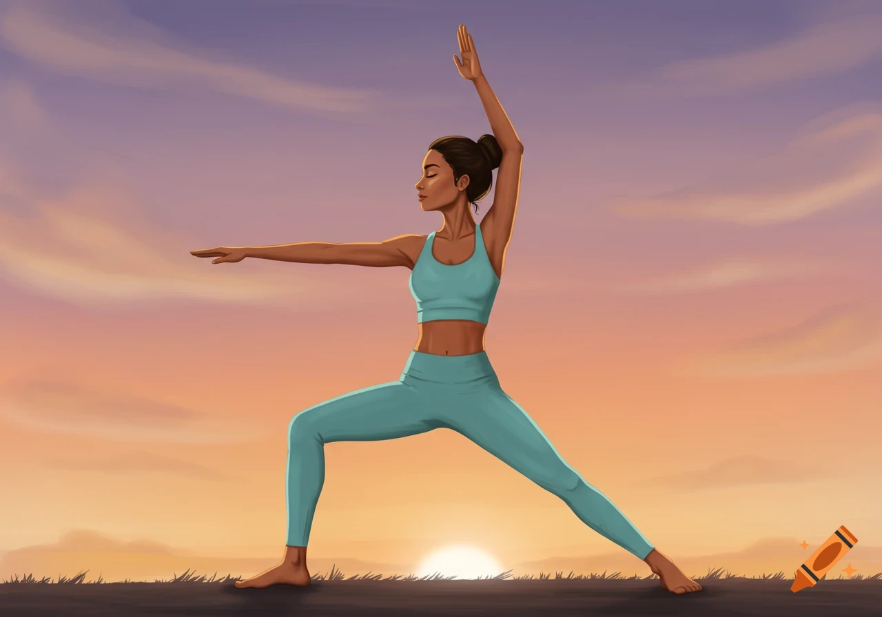 Woman holds a warrior yoga pose against a colorful sunrise sky.