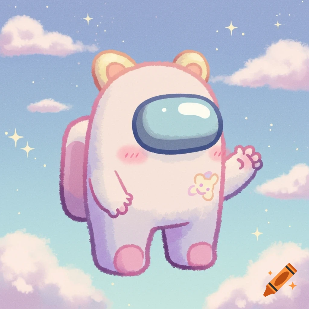 A cute, pink, fuzzy Among Us character dressed as a bear, floating in a pastel sky with clouds and stars, waving.