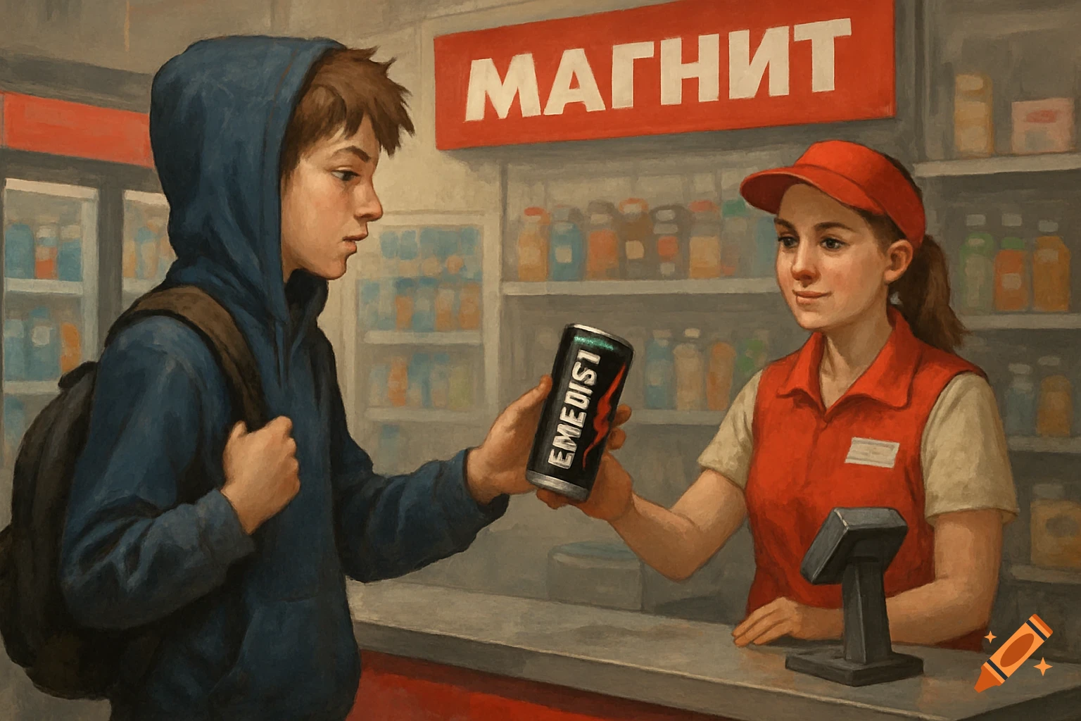 Teenager buys a drink from a cashier in a shop, painting style.