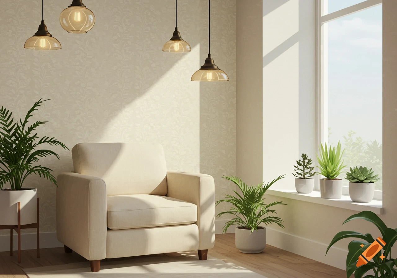 A light-colored armchair sits in a room with patterned wallpaper, pendant lights, plants, and a sunlit window.