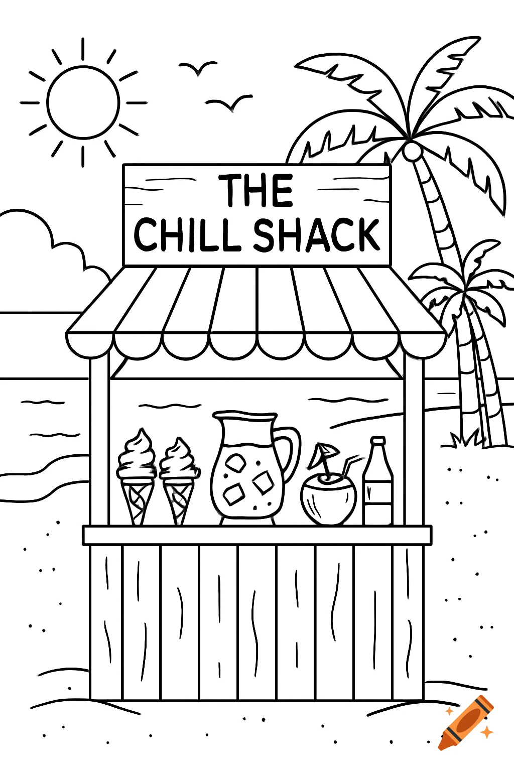Black and white line drawing of a beach scene with a stall selling ice cream and drinks under a sign reading 'The Chill Shack'.