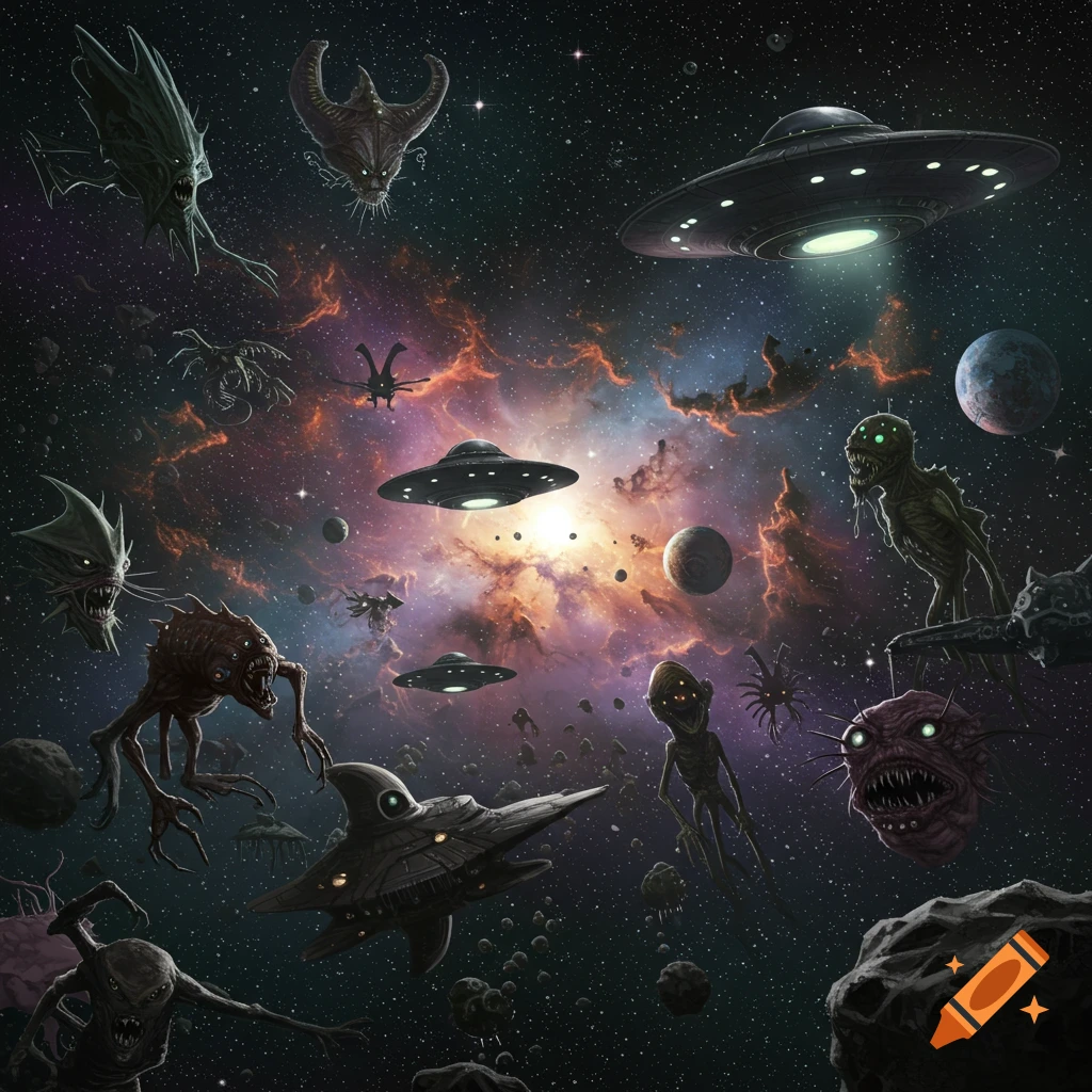 Space scene with multiple flying saucers, spaceships, planets, nebulas, and various creepy aliens and monsters floating in space.