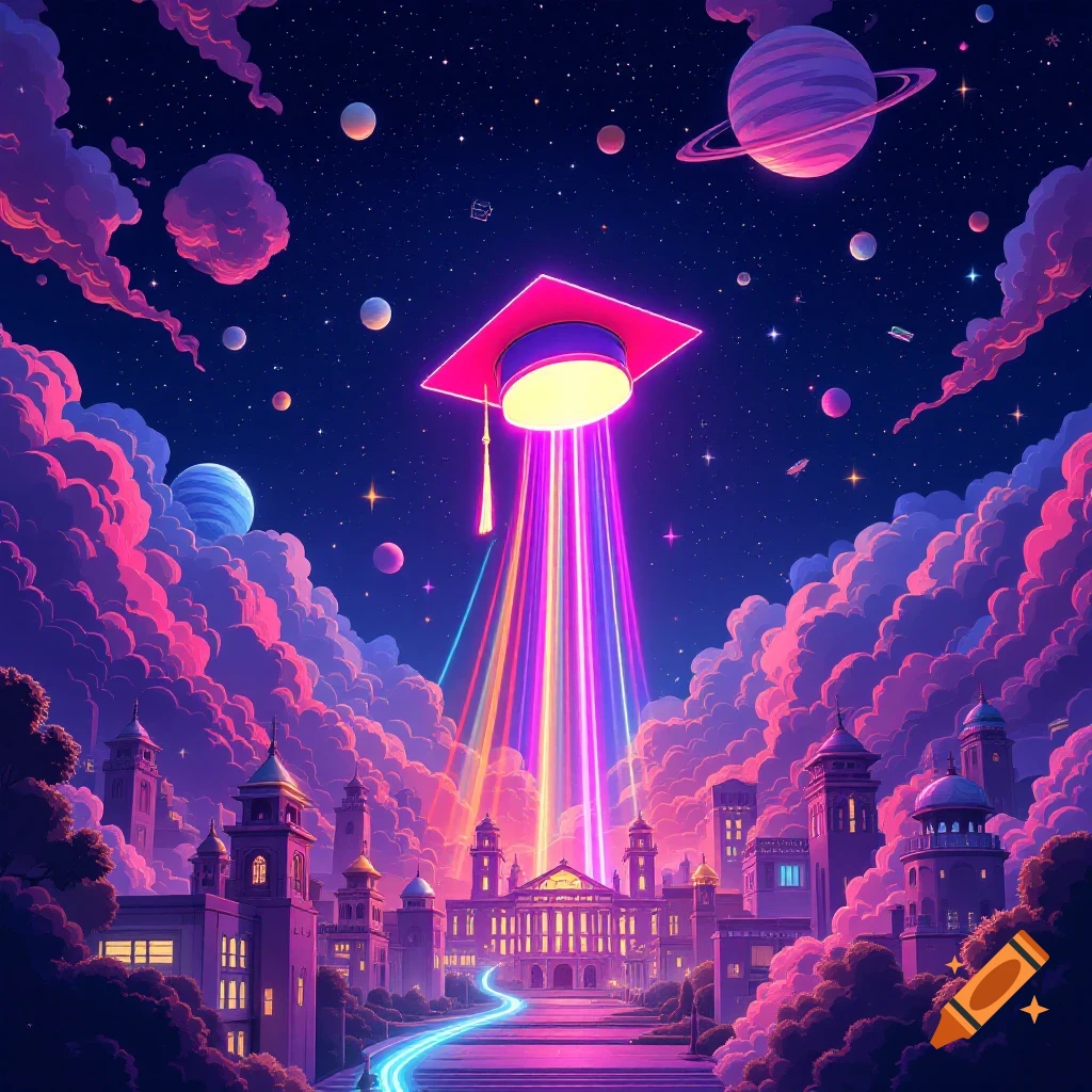 A surreal, vibrant image of a giant graduation cap hovering over a futuristic city street with space elements and colorful clouds.