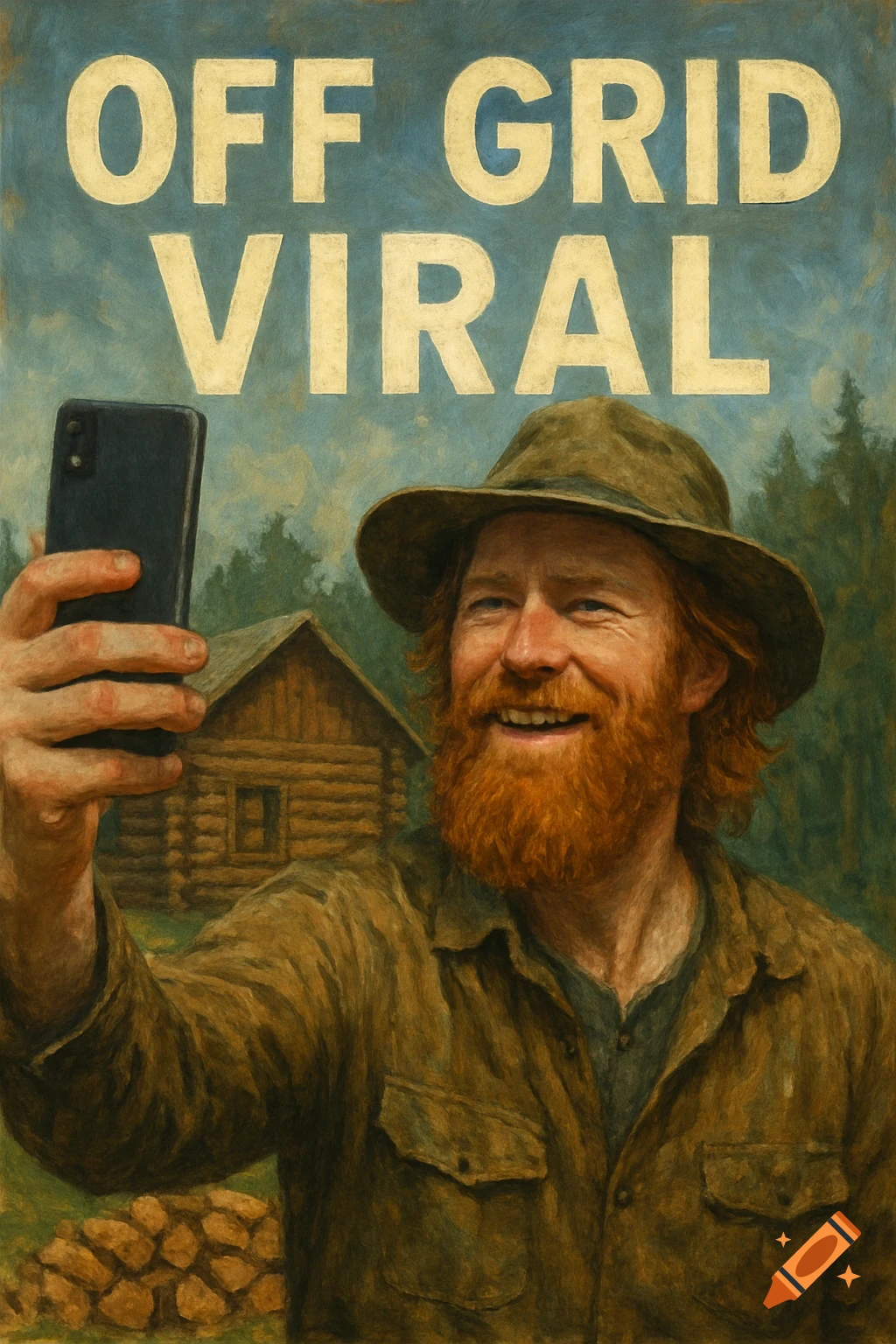 Painterly portrait of a smiling bearded man in a hat taking a selfie with a phone outside a log cabin, with text 'OFF GRID VIRAL'.