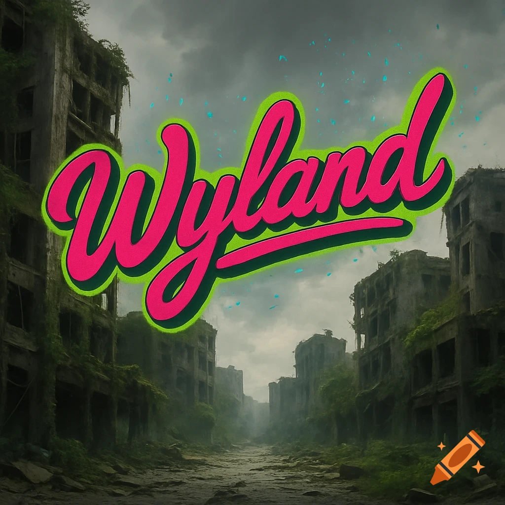 The name Wyland in pink and green script floats above a ruined city street overgrown with vines.