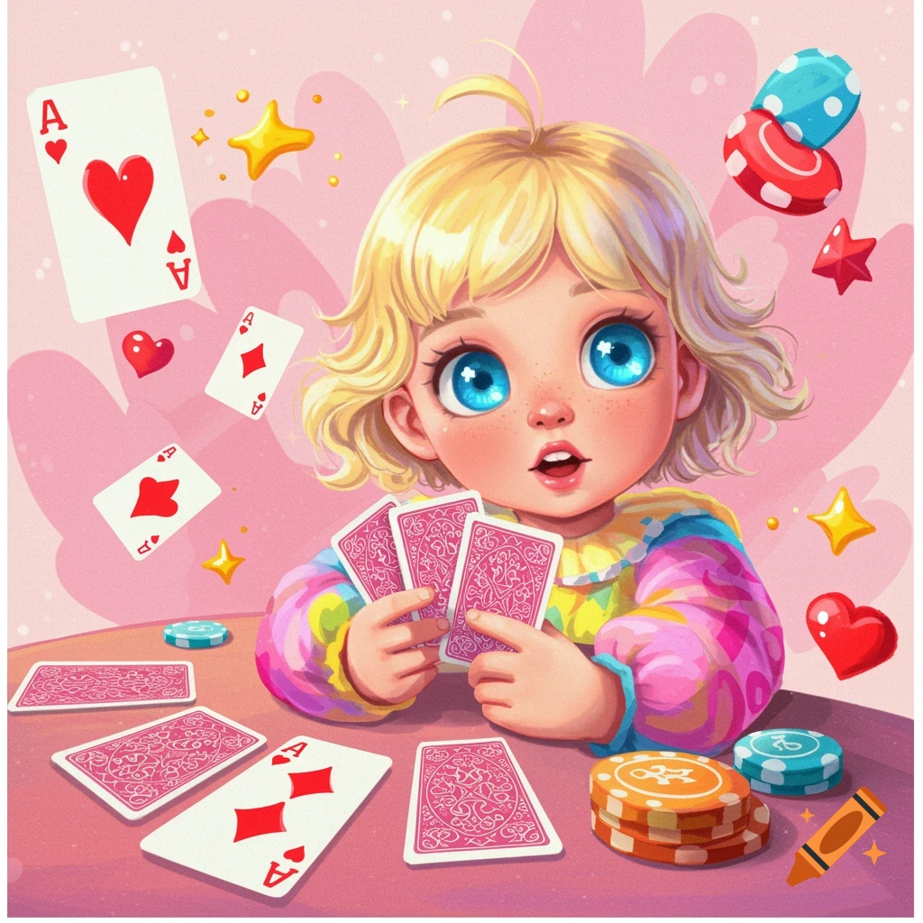 A cute cartoon child plays cards with poker chips on a pink table.
