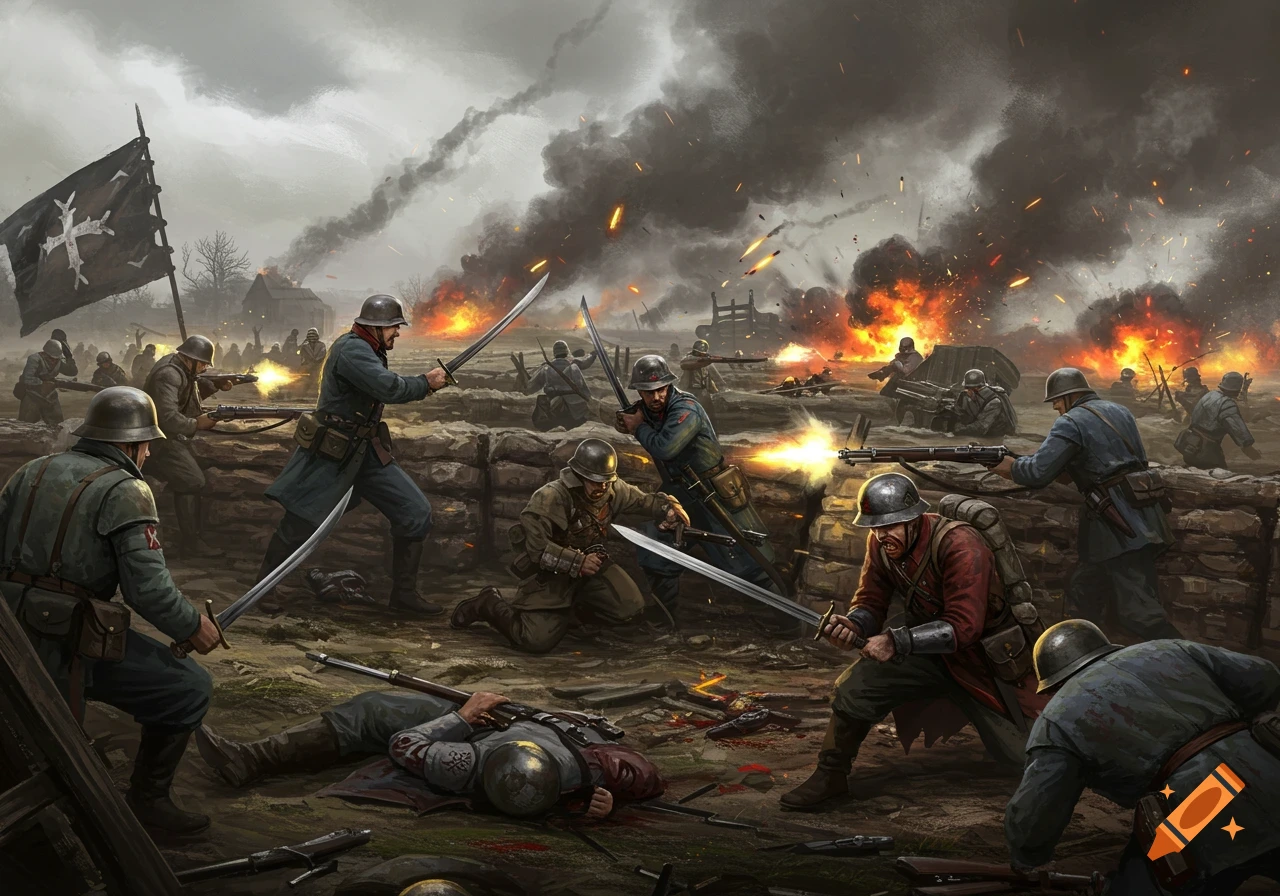 Soldiers fight in trenches with swords and rifles amid smoke and explosions, painterly style.