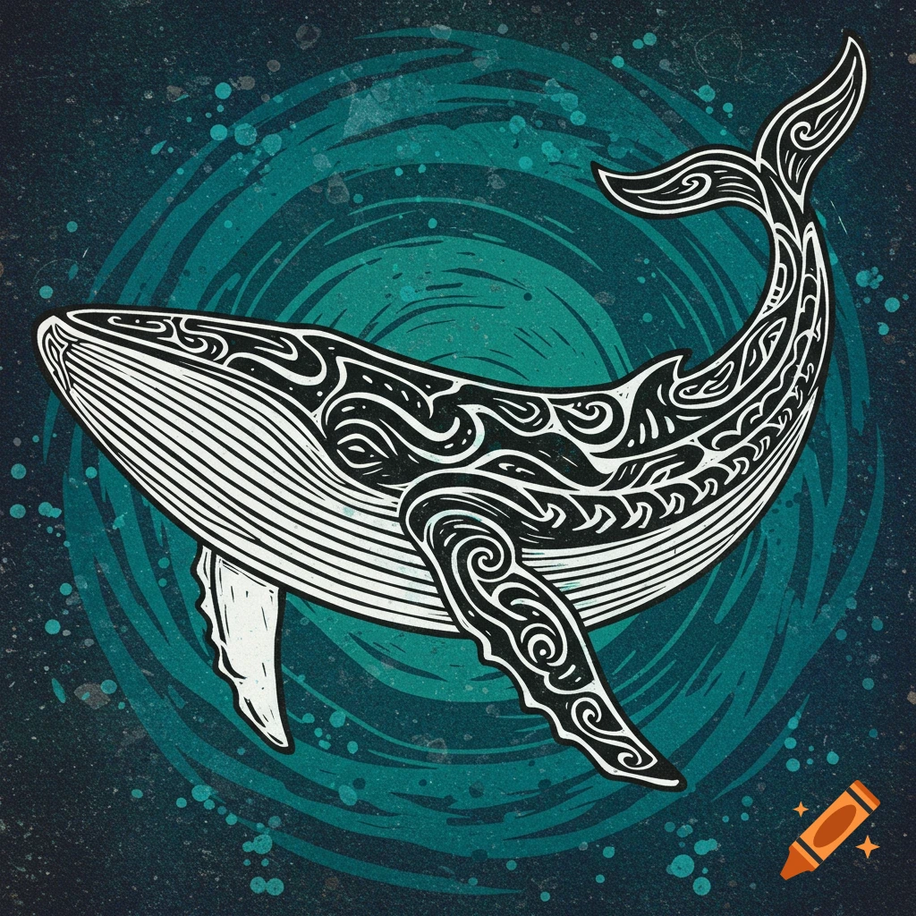 Tribal style linocut of a whale swimming in a circular pattern.