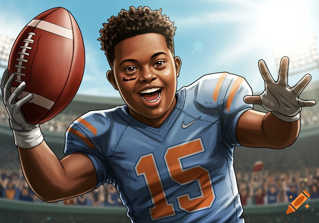 Cartoon illustration of a young Black football player in uniform holding a ball and reaching out.