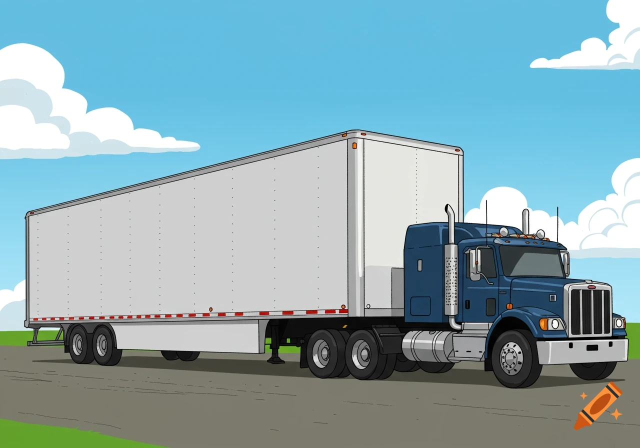 Illustration of a blue semi-truck with a white trailer on a road.