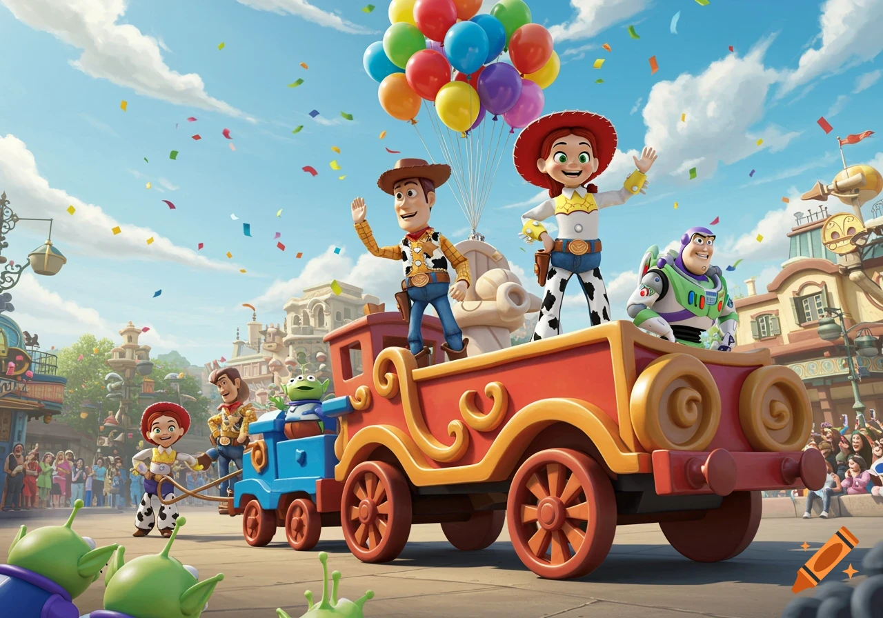 Toy Story characters Woody, Jessie, Buzz, and aliens ride a parade float with balloons and confetti in a sunny theme park.