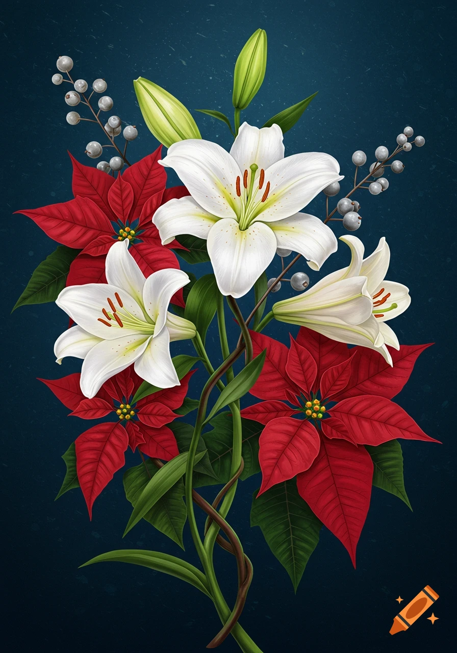 Illustration of white lilies and red poinsettias intertwined on a dark background.