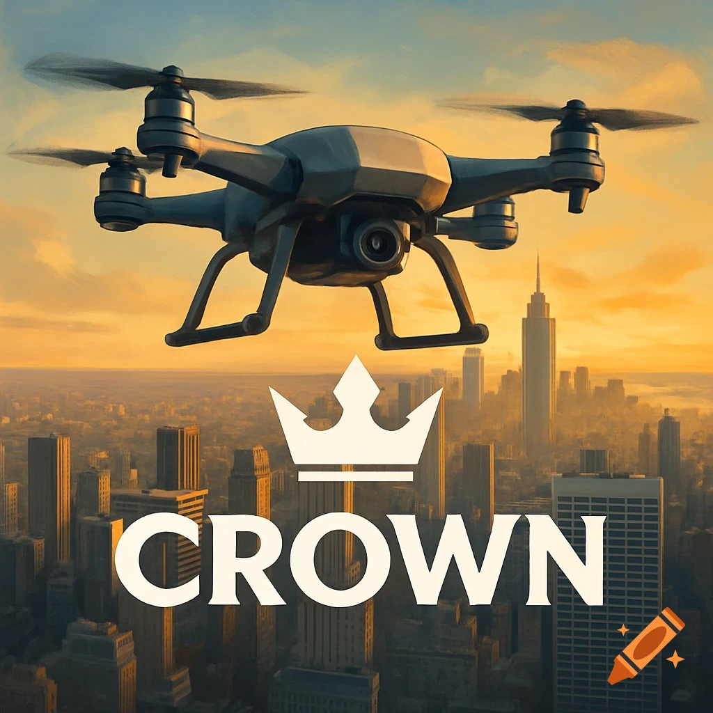 Drone flying over a city skyline at sunset with a logo and the word CROWN.