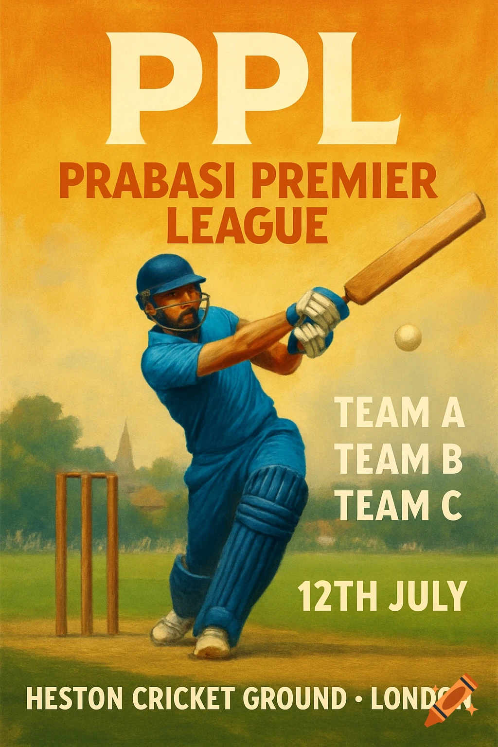 Poster for the Prabasi Premier League cricket tournament showing a batsman hitting a ball.