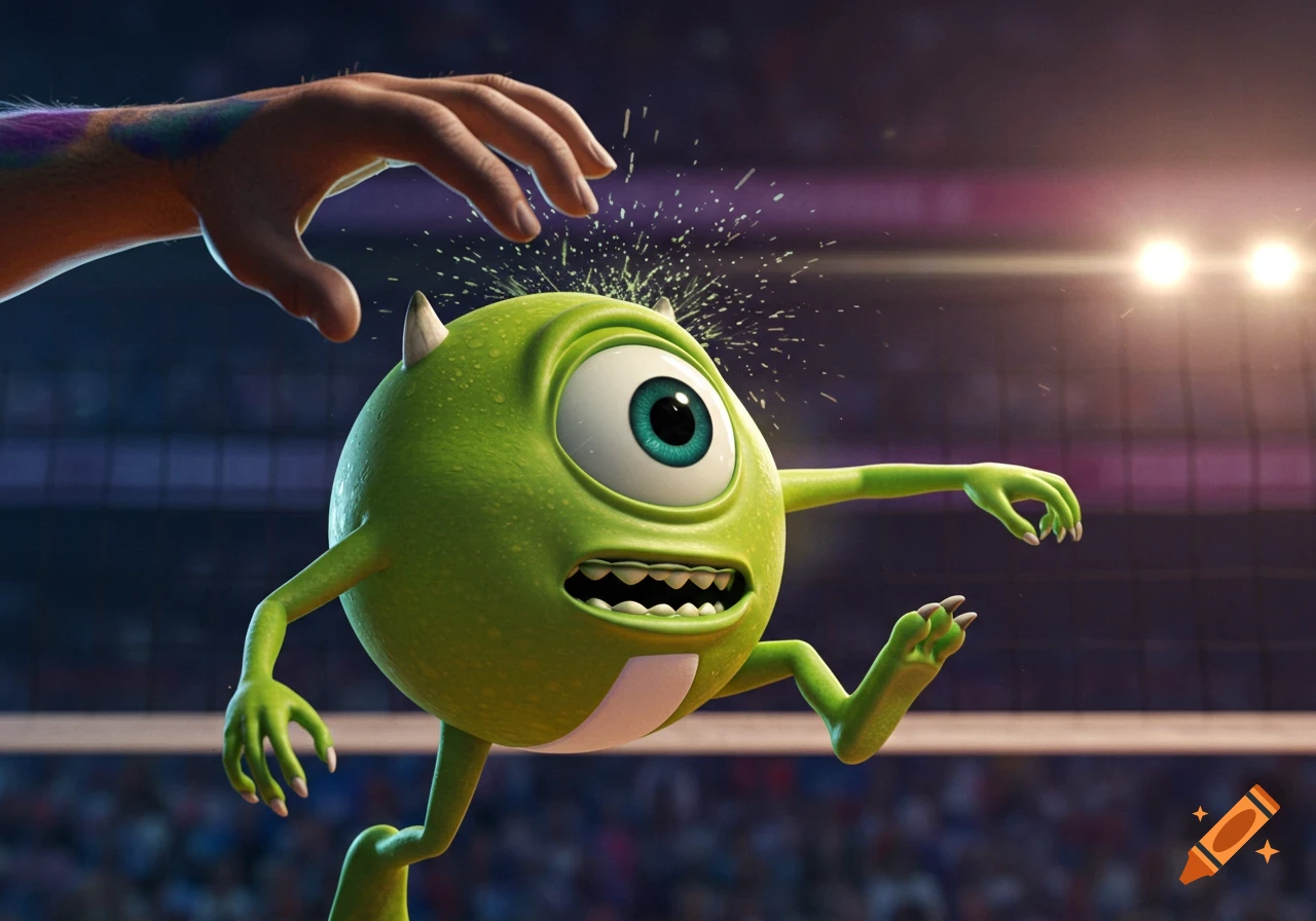 Mike Wazowski is spiked like a volleyball in an animated scene.