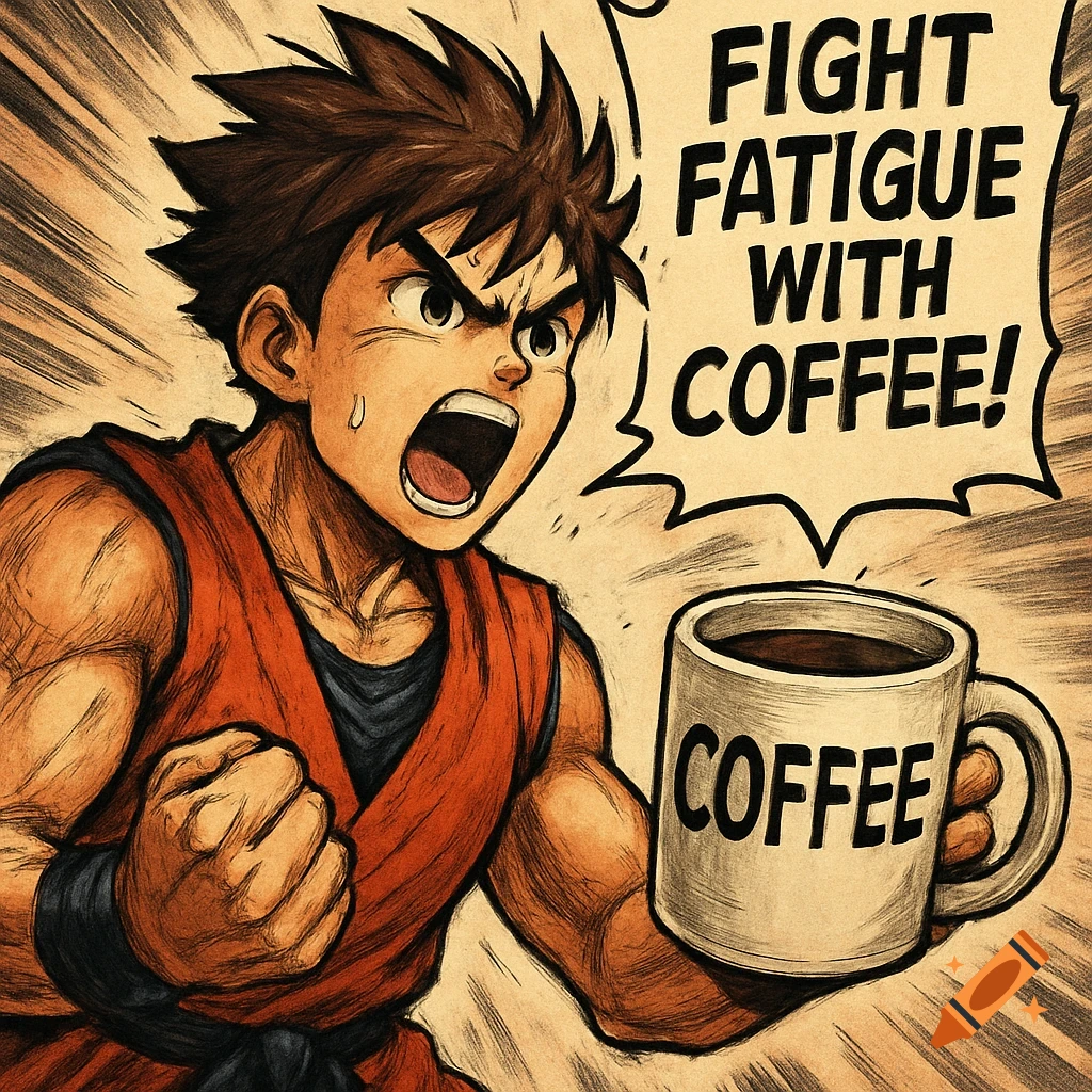Anime character shouting and holding a coffee mug.