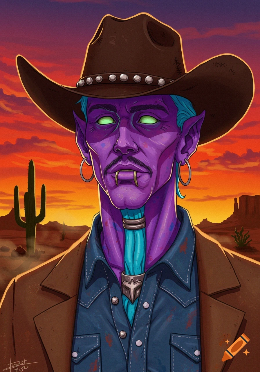 Stylized digital art portrait of a purple-skinned person with vampire fangs and glowing eyes in a cowboy hat and jacket, standing in a desert at sunset.
