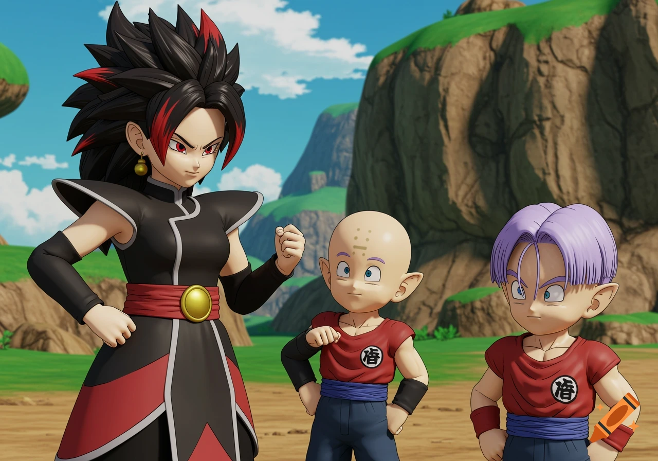 Female Saiyan character with Krillin and Trunks in Dragon Ball Z 3D style