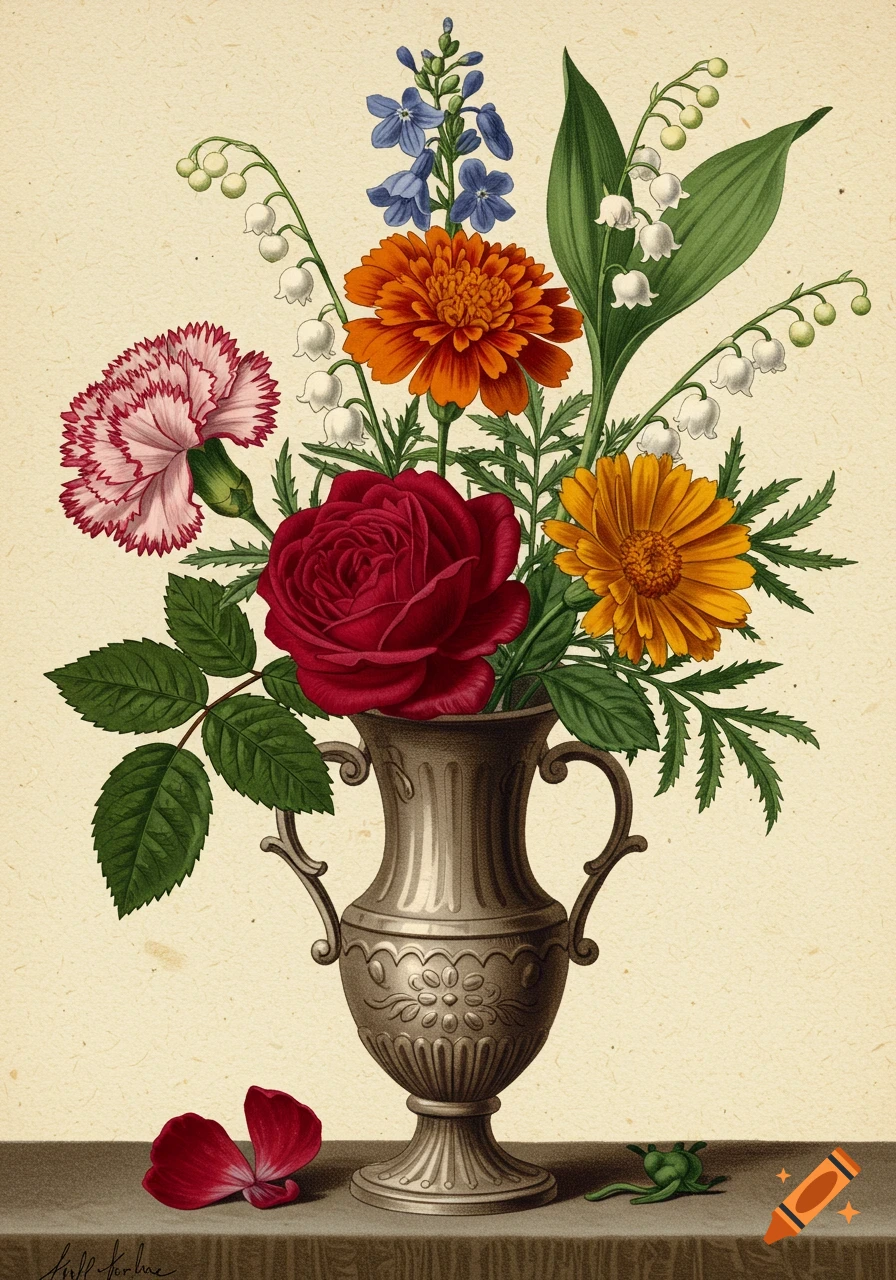 A botanical engraving of a bouquet of flowers in a vase, including roses, carnations, lily of the valley, and marigolds.