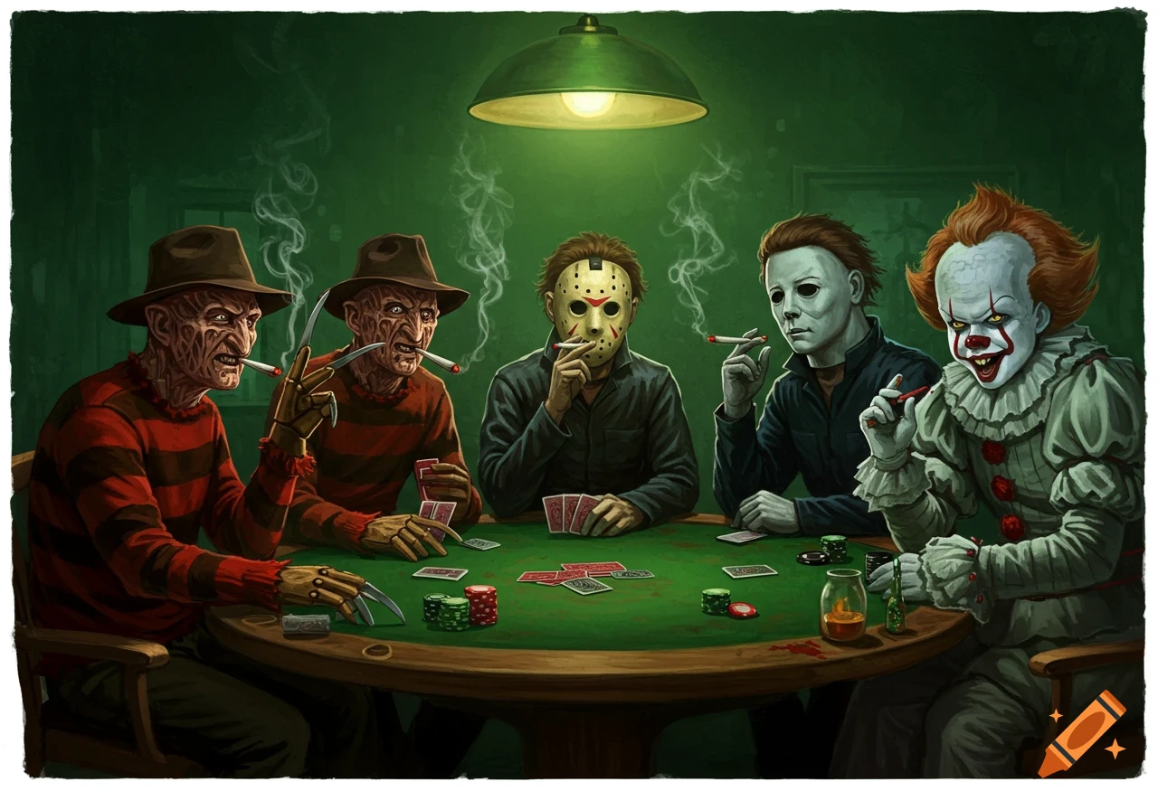 Horror icons Freddy Krueger, Jason Voorhees, Michael Myers, and Pennywise smoking and playing poker in a stylized illustration.