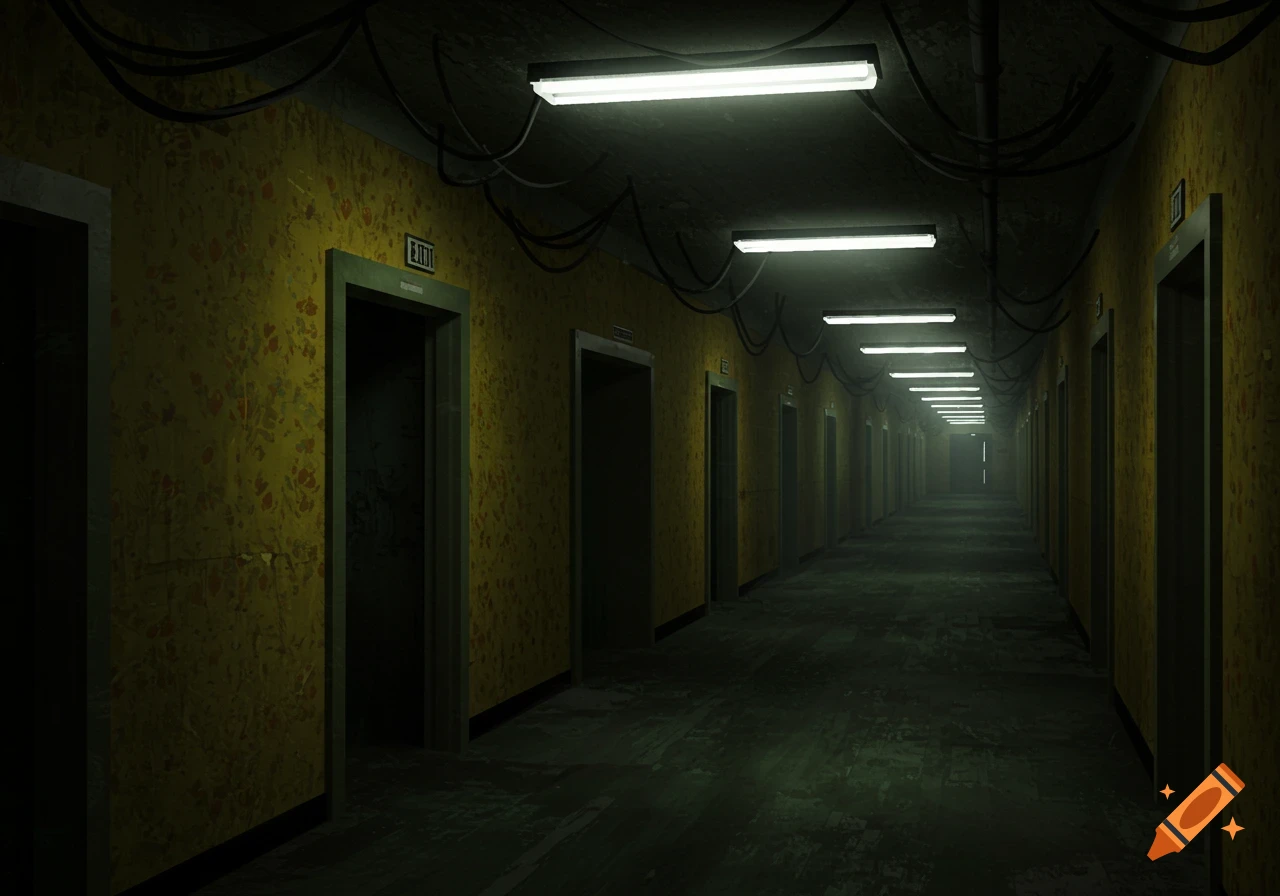 A dark, empty, eerie hallway with yellow patterned walls and fluorescent lights receding into the distance.