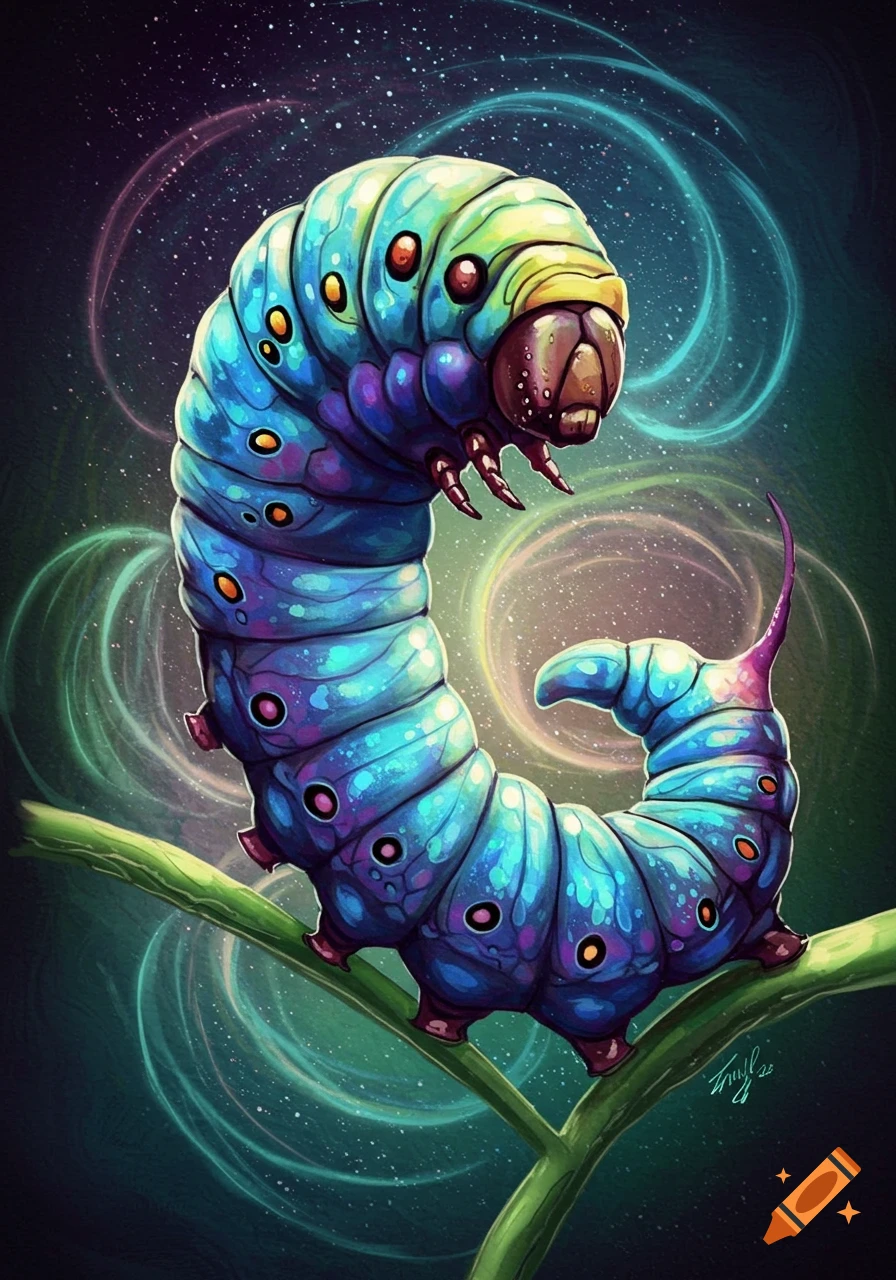 A vibrant, colorful caterpillar on a branch against a cosmic background.